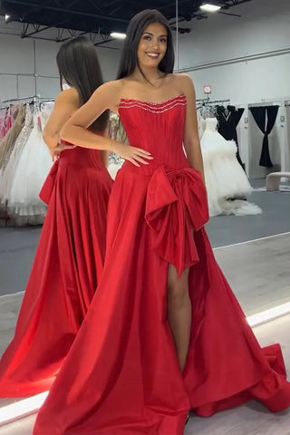 Trägerloses A-Linie Satin Langes Korsett Rotes Ballkleid mit Schleife PSK656