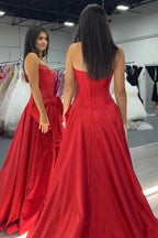 Strapless A-Line Satin Long Corset Red Prom Dress with Bow PSK656