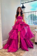 Trägerloses A-Linien-Korsett-Ballkleid in Fuchsie mit Schlitz PSK595