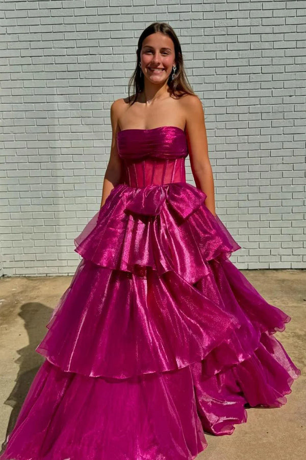 Strapless A-line Corset Fuchsia Long Prom Dress With Split PSK595