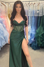 Straps Beaded Mermaid Hunter Green Prom Dress with Slit PSK590