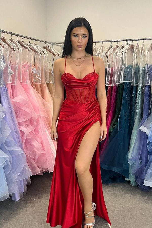 Straps Beaded Mermaid Hunter Green Prom Dress with Slit PSK590