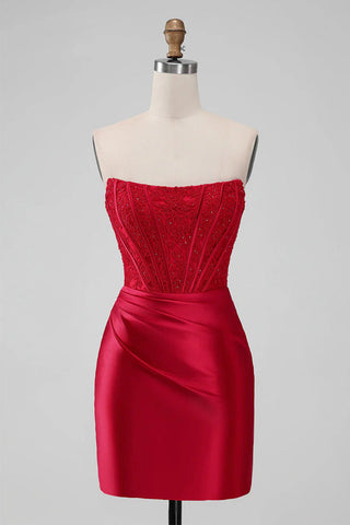 Trägerloses, figurbetontes Homecoming-Kleid, rotes, kurzes Ballkleid, PD505