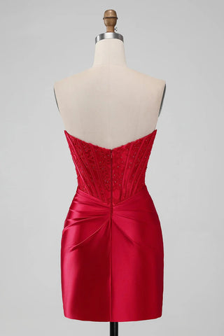 Trägerloses, figurbetontes Homecoming-Kleid, rotes, kurzes Ballkleid, PD505