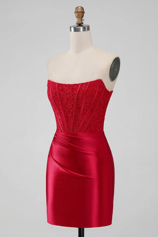 Trägerloses, figurbetontes Homecoming-Kleid, rotes, kurzes Ballkleid, PD505