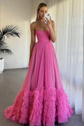 Trägerloses Korsett mit Rüschen, Tüll, Fuchsia, langes Ballkleid PSK580