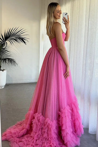 Trägerloses Korsett mit Rüschen, Tüll, Fuchsia, langes Ballkleid PSK580