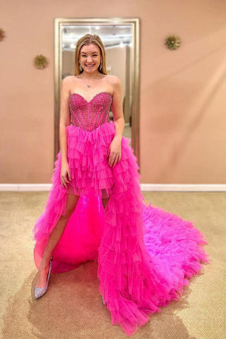 Trägerloses, pinkfarbenes Tüll-Ballkleid mit hohem und niedrigem Ausschnitt, schlichtes Ballkleid PSK296