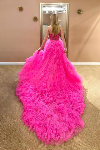 Trägerloses, pinkfarbenes Tüll-Ballkleid mit hohem und niedrigem Ausschnitt, schlichtes Ballkleid PSK296