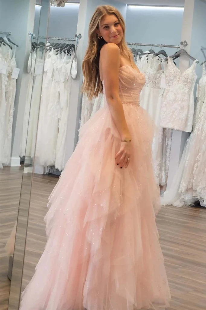 Strapless Sequin Beaded Tulle Stunning Light Pink Prom Dress PSK476