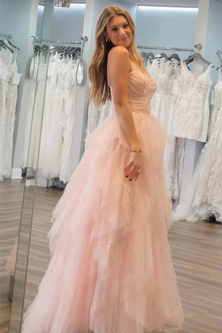 Strapless Sequin Beaded Tulle Stunning Light Pink Prom Dress PSK476