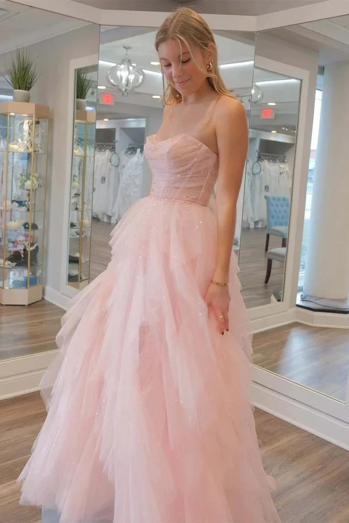 Strapless Sequin Beaded Tulle Stunning Light Pink Prom Dress PSK476
