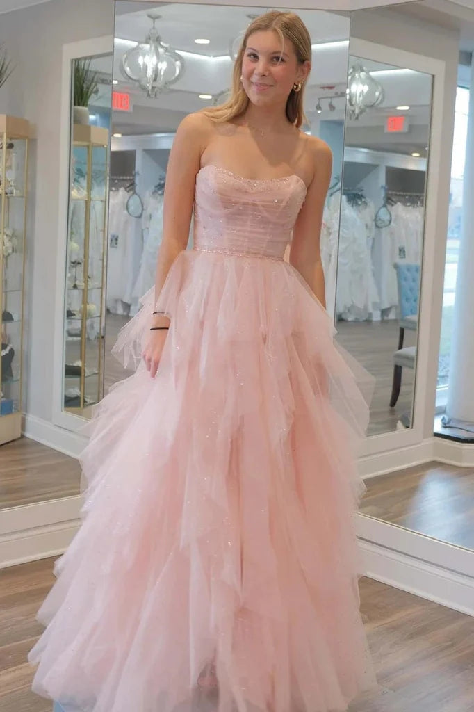 Strapless Sequin Beaded Tulle Stunning Light Pink Prom Dress PSK476