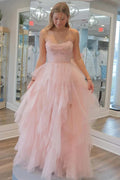 Abito da Ballo Strapless in Tulle con Paillettes e Perline Rosa Chiaro Stupefacente PSK476