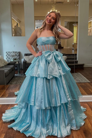 Vestido de festa comprido azul, sem alças, em organza, com racha e laço, PSK651