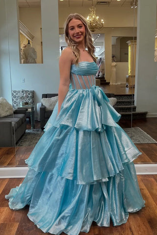 Vestido de festa comprido azul, sem alças, em organza, com racha e laço, PSK651