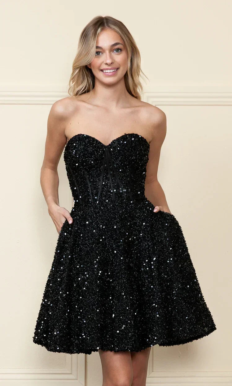 Trägerlos Pailletten A-Line Homecoming-Kleid SYH86