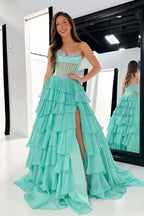 Strapless Sheer Corset Bodice Green Prom Dress Ruffle Skirt PSK688