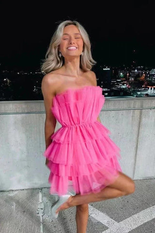 Trägerloses, gestuftes Tüll-Heimkehrkleid in Rosa, Sweet 16-Kleid, PD556