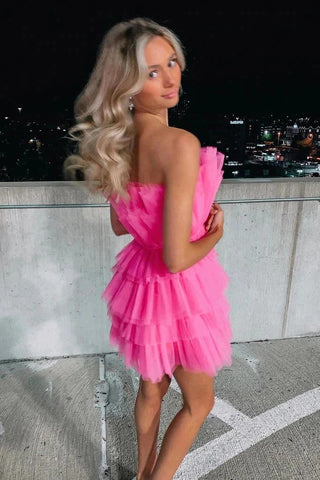 Trägerloses, gestuftes Tüll-Heimkehrkleid in Rosa, Sweet 16-Kleid, PD556