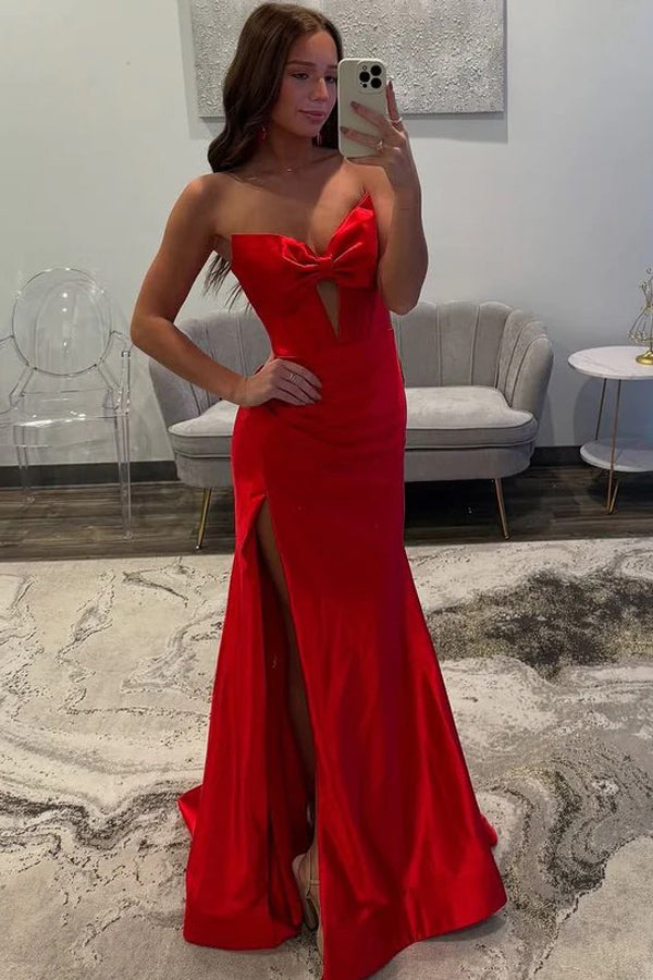 Strapless V-Neck Bow Satin Pleated Slit Red Long Prom Dress PSK675