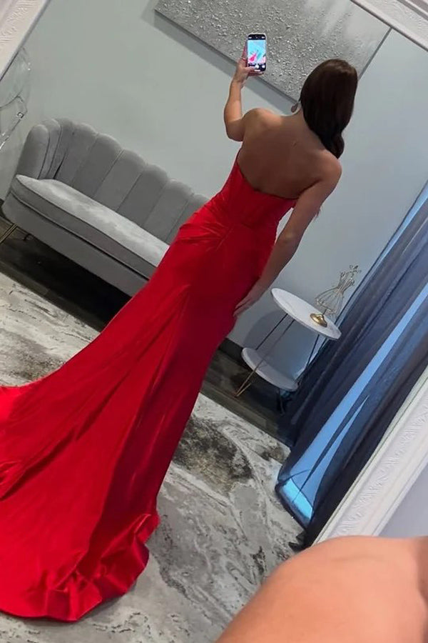 Strapless V-Neck Bow Satin Pleated Slit Red Long Prom Dress PSK675