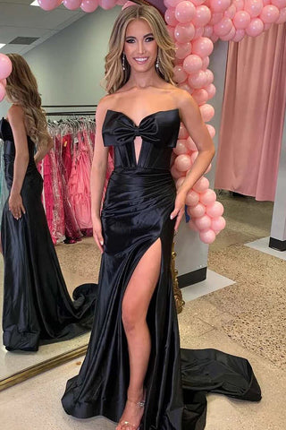 Strapless V-Neck Bow Satin Pleated Slit Red Long Prom Dress PSK675