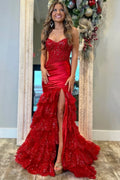 Abito da Ballo Lungo Rosso a Strati Piega Mermaid Scollatura a V Senza Spalline PSK653