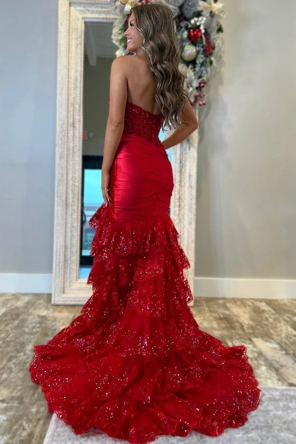 Strapless V-Neck Mermaid Pleated Layered Red Long Prom Dress PSK653