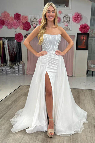 Trägerloses, weißes, langes Meerjungfrau-Ballkleid mit Perlenbesatz PSK574