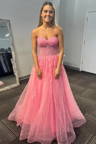 Trägerloses, langes Ballkleid mit Paillettenapplikationen und Korsett in Rosa PSK625