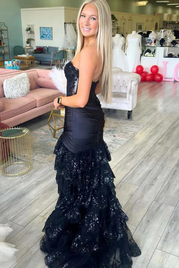 Strapless V-Neck Mermaid Pleated Layered Red Long Prom Dress PSK653