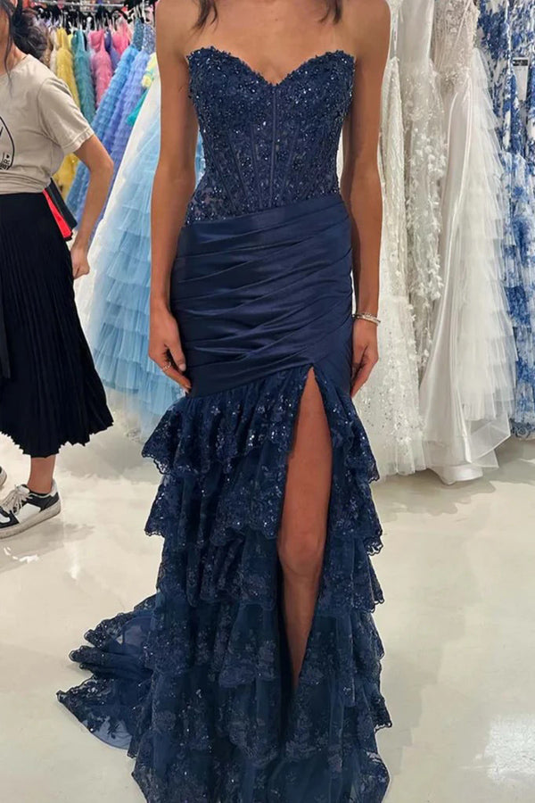 Strapless V-Neck Mermaid Pleated Layered Red Long Prom Dress PSK653