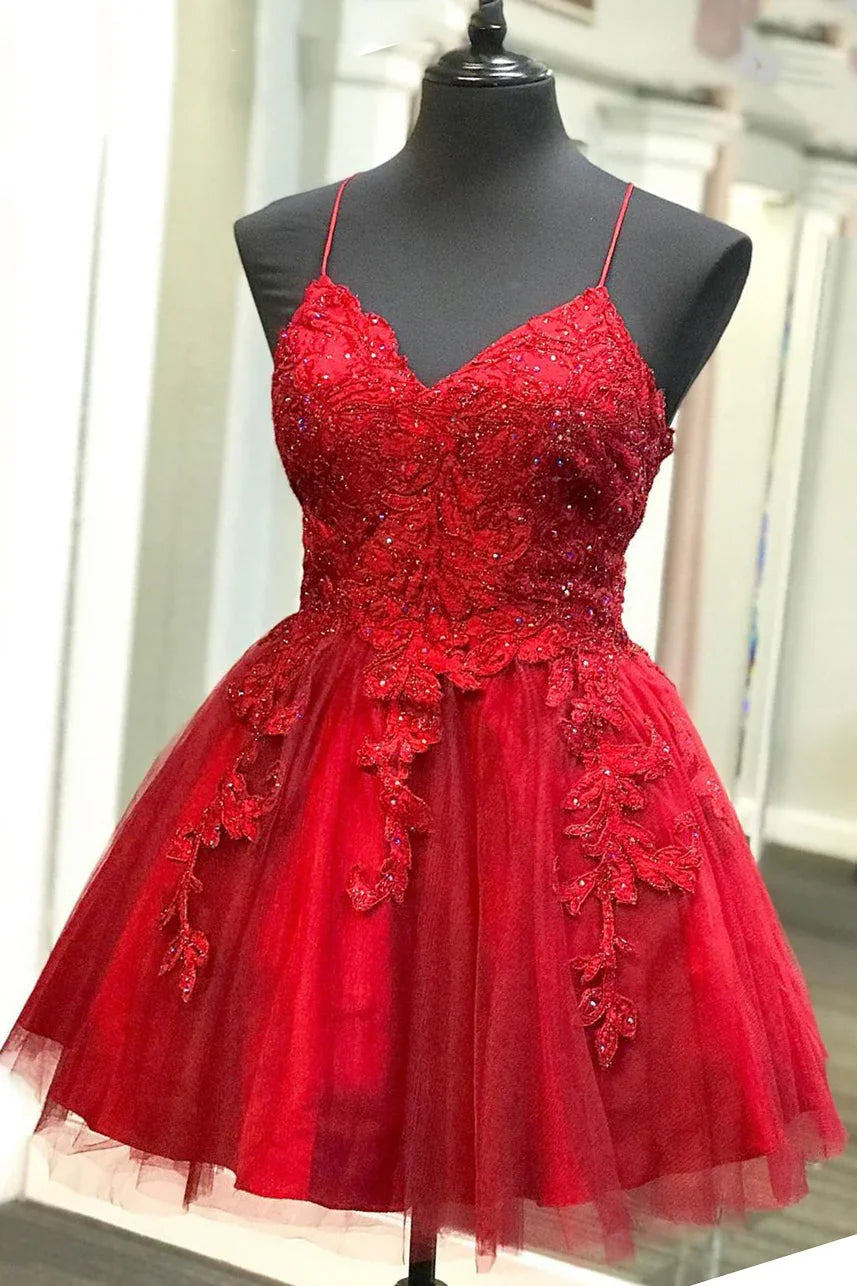 Vestido corto rojo de fiesta de bienvenida con aplicaciones de encaje SYH22