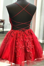 Vestido corto rojo de fiesta de bienvenida con aplicaciones de encaje SYH22