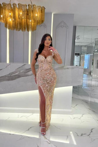 Mermaid Sweetheart Tulle Long Sleeves Split Front Prom Dresses With Detachable Train