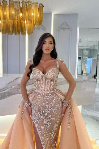 Mermaid Sweetheart Tulle Long Sleeves Split Front Prom Dresses With Detachable Train