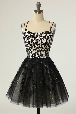 Träger Schwarz Applikationen Kurzes Ballkleid Homecoming Kleid mit Pailletten PD475