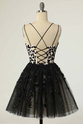 Träger Schwarz Applikationen Kurzes Ballkleid Homecoming Kleid mit Pailletten PD475