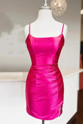Spalline Fuchsia Ruched Bodycon Aderente Satin Abito da Homecoming PD476
