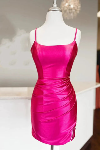 Träger Fuchsia Gerafftes Bodycon Enges Satin Homecoming Kleid PD476