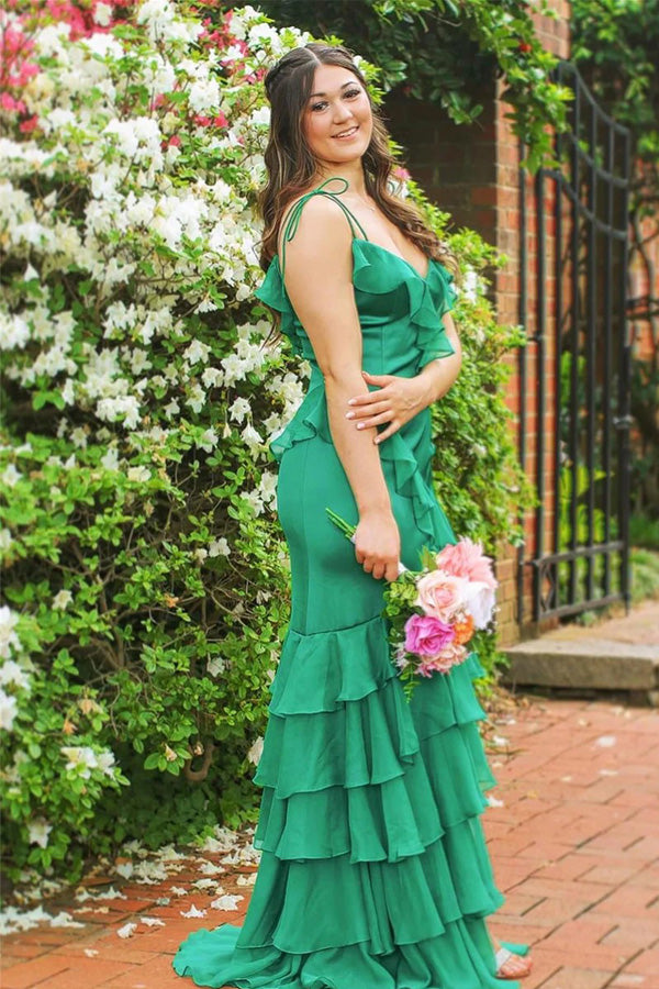 Straps Mermaid Ruffle Tiered Green Long Prom Dress With Slit PSK609