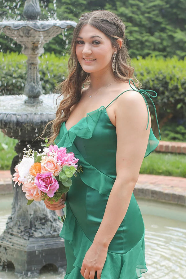 Straps Mermaid Ruffle Tiered Green Long Prom Dress With Slit PSK609