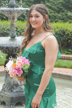 Straps Mermaid Ruffle Tiered Green Long Prom Dress With Slit PSK609