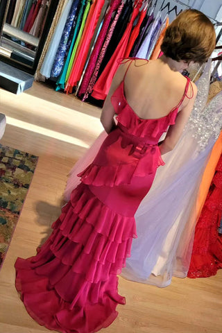 Träger Meerjungfrau Rüschen Stufen Grün Langes Ballkleid mit Schlitz PSK609