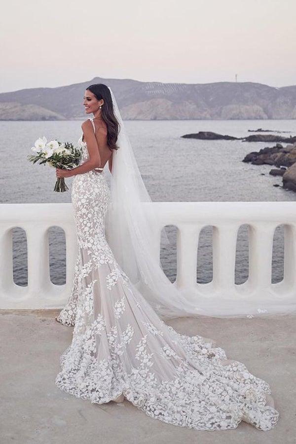 Träger Meerjungfrau Hochzeitskleider Spitze Applikationen Kleider Hochzeitskleider