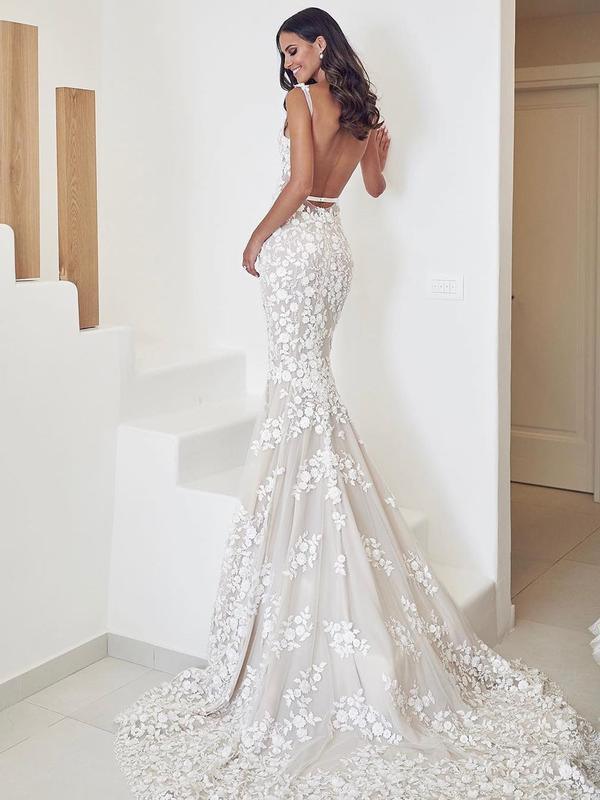 Träger Meerjungfrau Hochzeitskleider Spitze Applikationen Kleider Hochzeitskleider