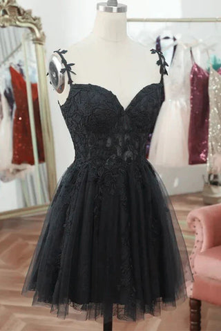 Träger Sweetheart Spitze Süßes Schwarzes Homecoming Kleid Cocktailkleid PD541