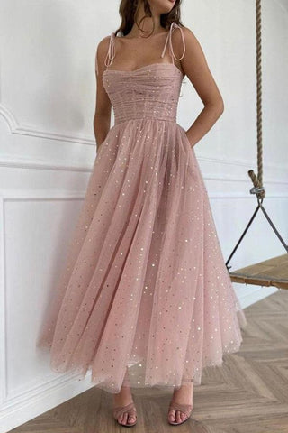 Träger Tee Länge Rosa Ballkleider Tüll Homecoming Kleider PD453