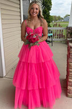 Straps Layered Tulle Hot Pink Long Prom Dress Party Dress PSK627